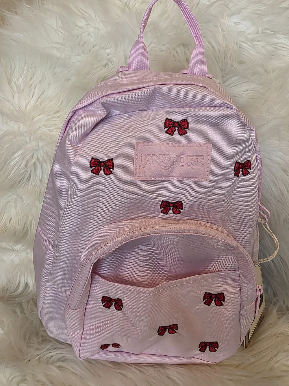 NWT JanSport Half Pint FX Mini Backpack viral Embroidered Bows BEGONIA PINK